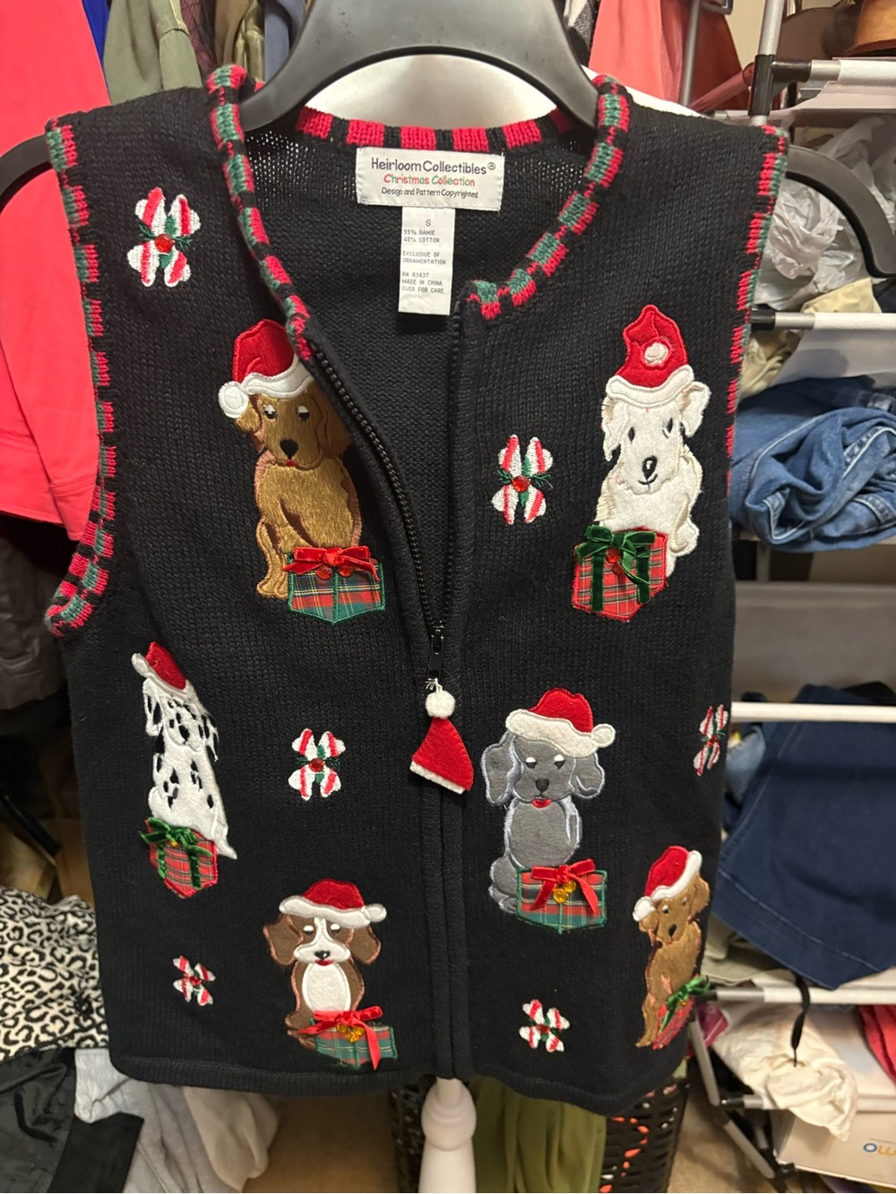 Heirloom Collectibles Black Holiday Embroidered Dog Zip Vest